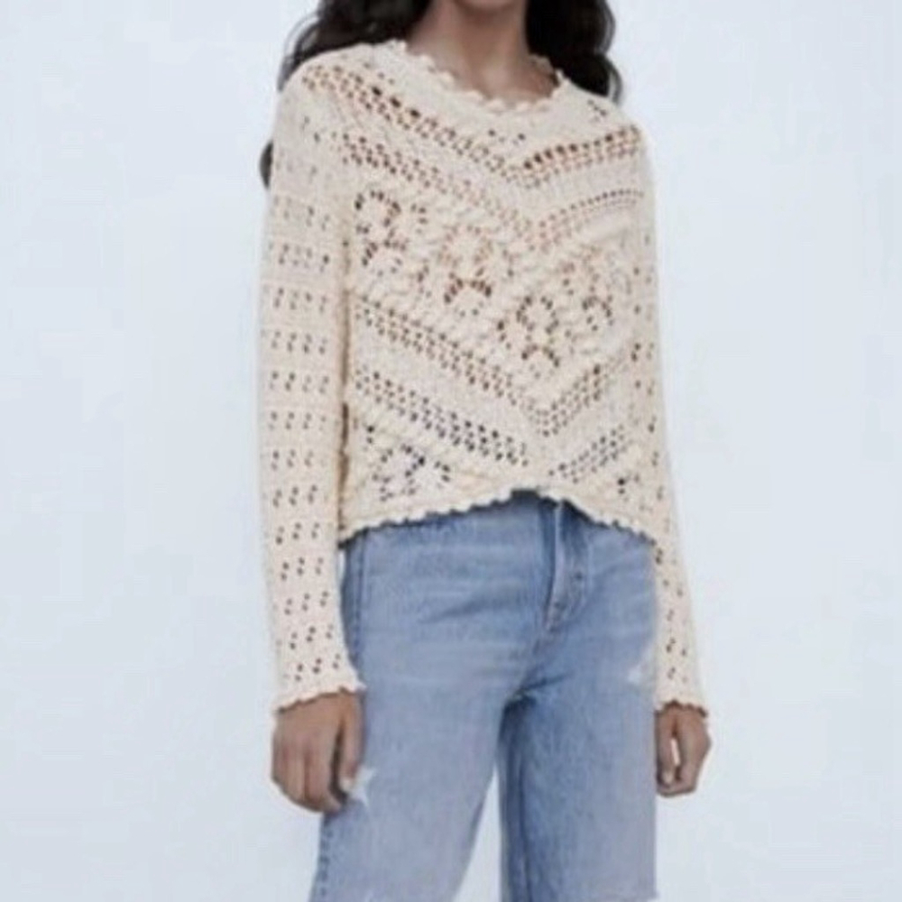Zara Textured Knit Sweater Cream Small - Picture 3 of 9